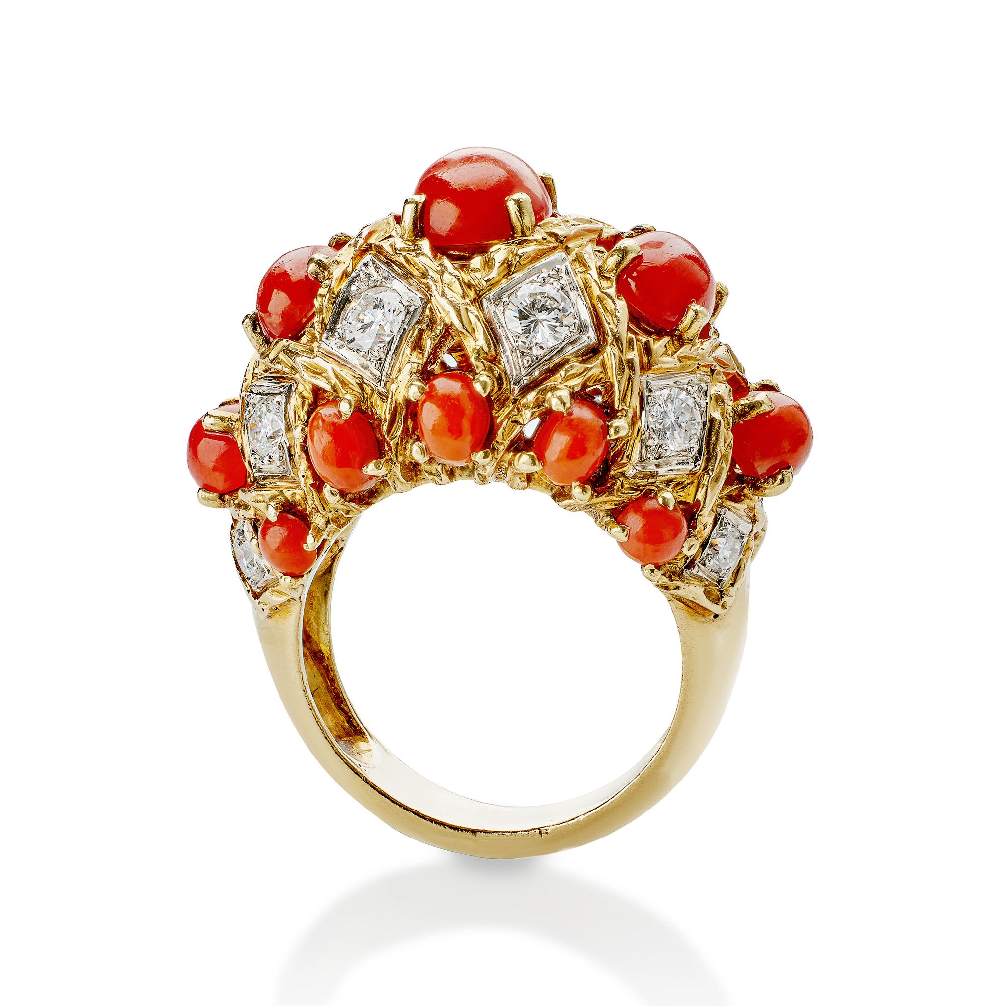 Women's or Men's André Vassort Paris Coral and Diamond Bombé Ring For Sale