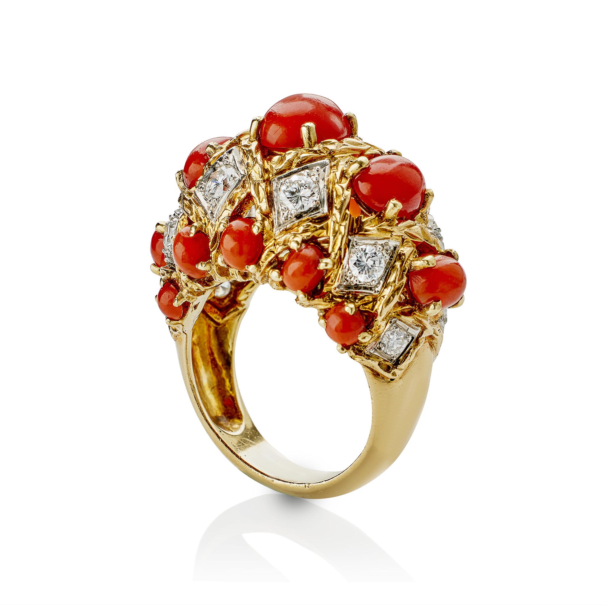 André Vassort Paris Coral and Diamond Bombé Ring For Sale 1