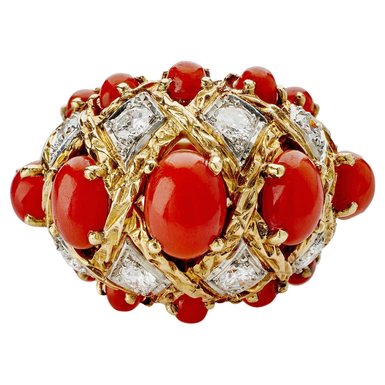 André Vassort Paris Coral and Diamond Bombé Ring For Sale