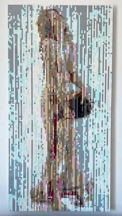 sculpture murale contemporaine figurative pop art en lego plat, pixel couleur nude