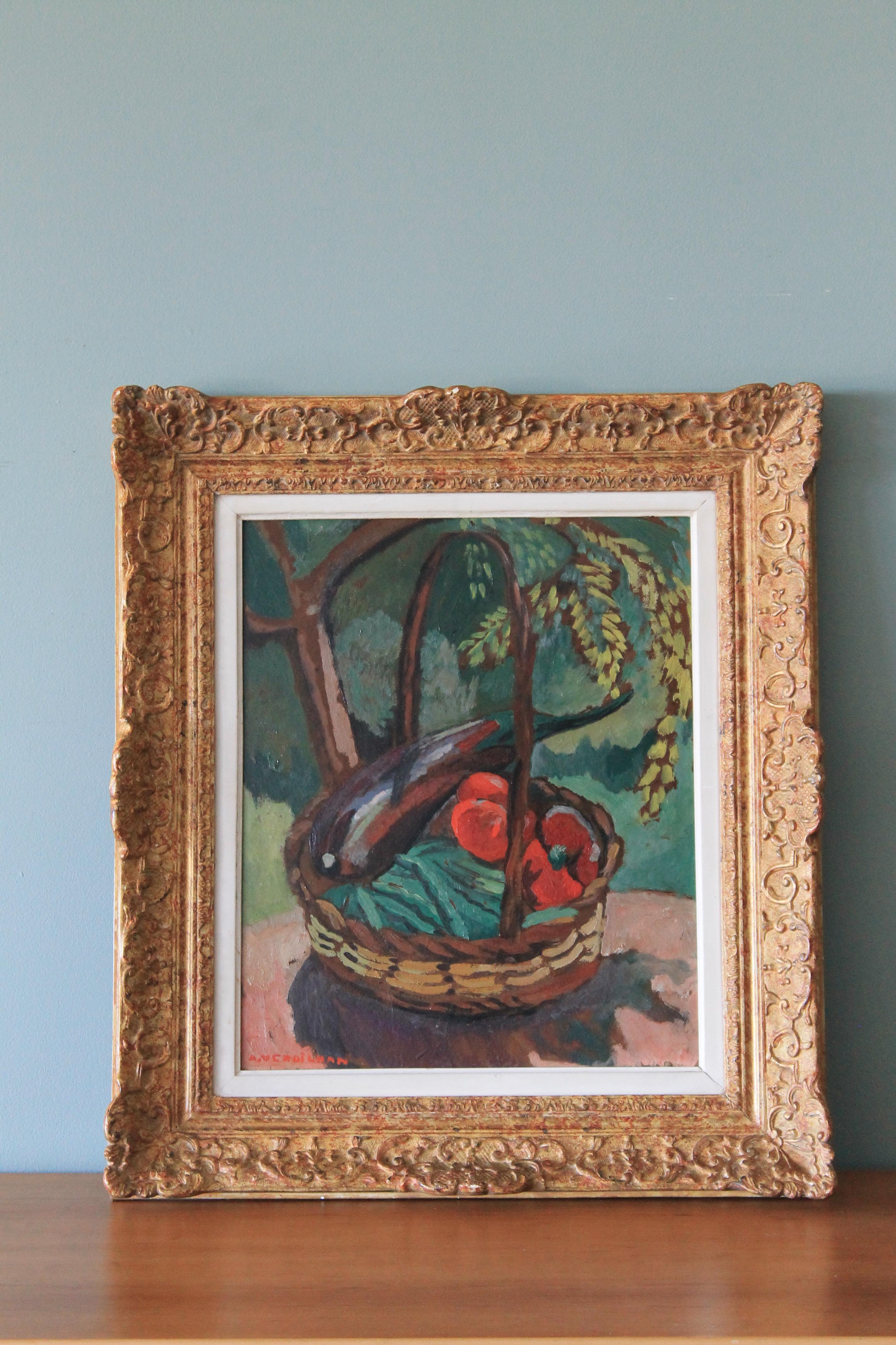 Vintage French still life oil painting of vegetables in a basket - Painting by Andre Verdilhan