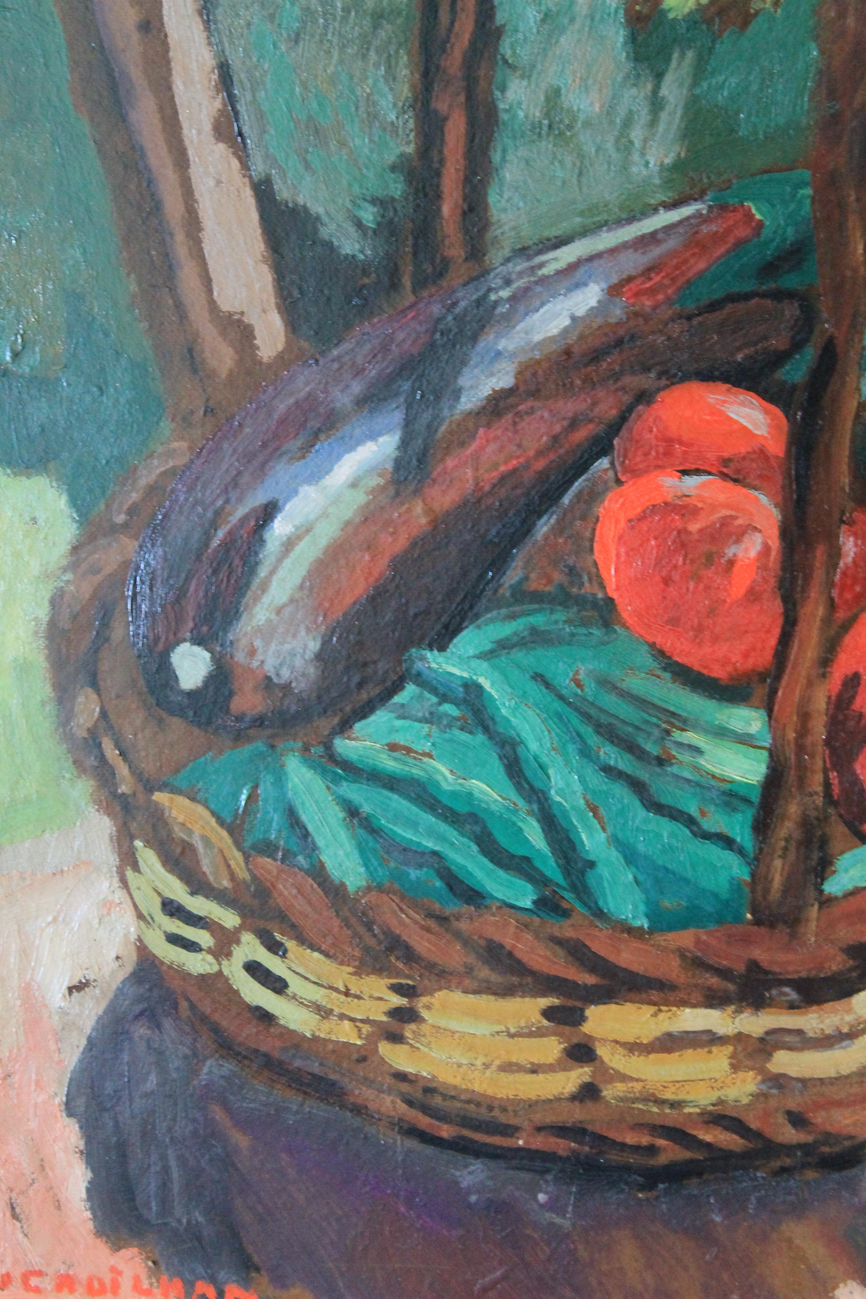 Vintage French still life oil painting of vegetables in a basket 4