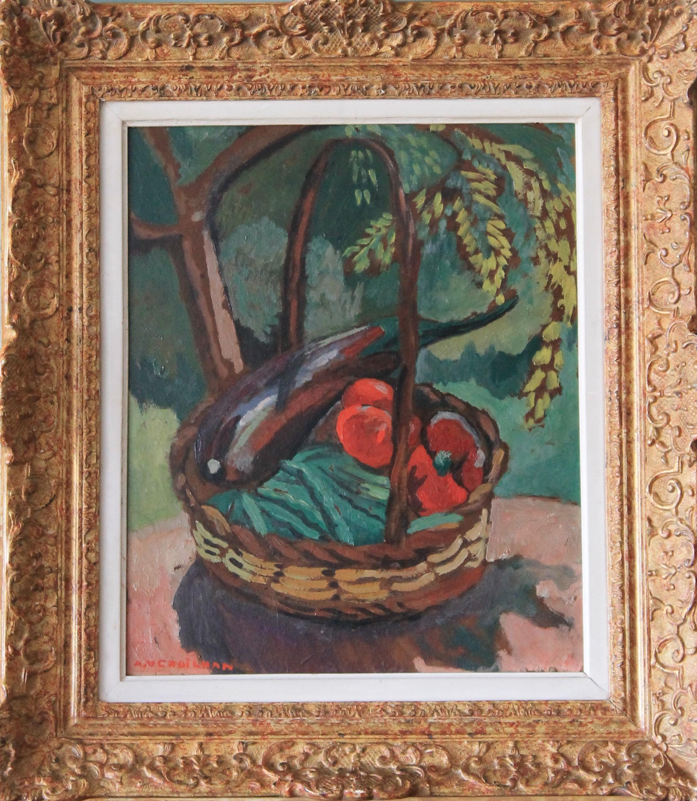 Andre Verdilhan Still-Life Painting - Vintage French still life oil painting of vegetables in a basket