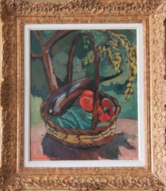 Vintage French still life oil painting of vegetables in a basket