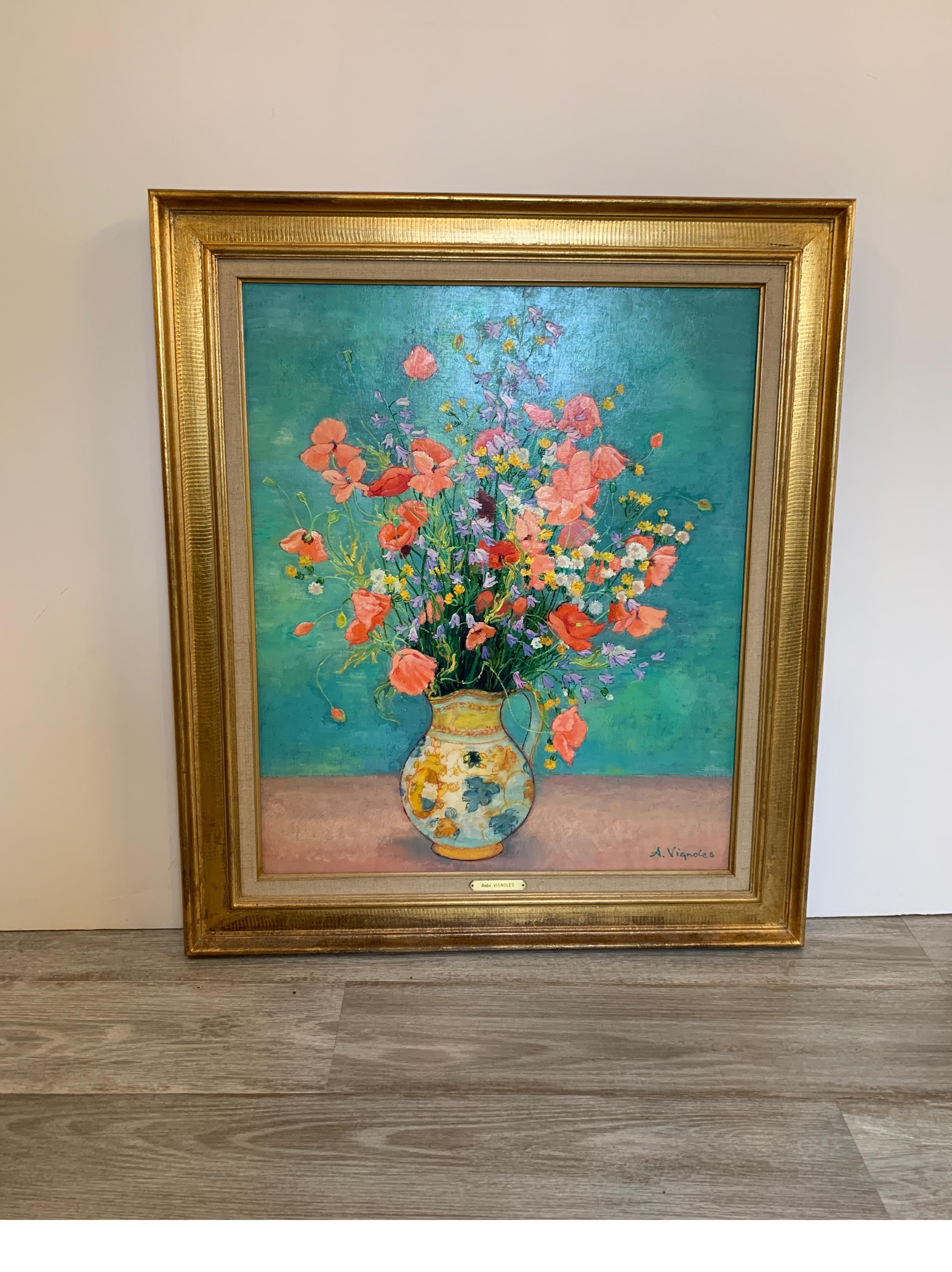 Artist-signed oil on canvas, the colors on this painting are stunning, and absolutely POP, skilled and beautiful technique. Andre Vignoles with the original booklet of where and when this was purchased from Wally, Findlay Gallery, France, July 9,