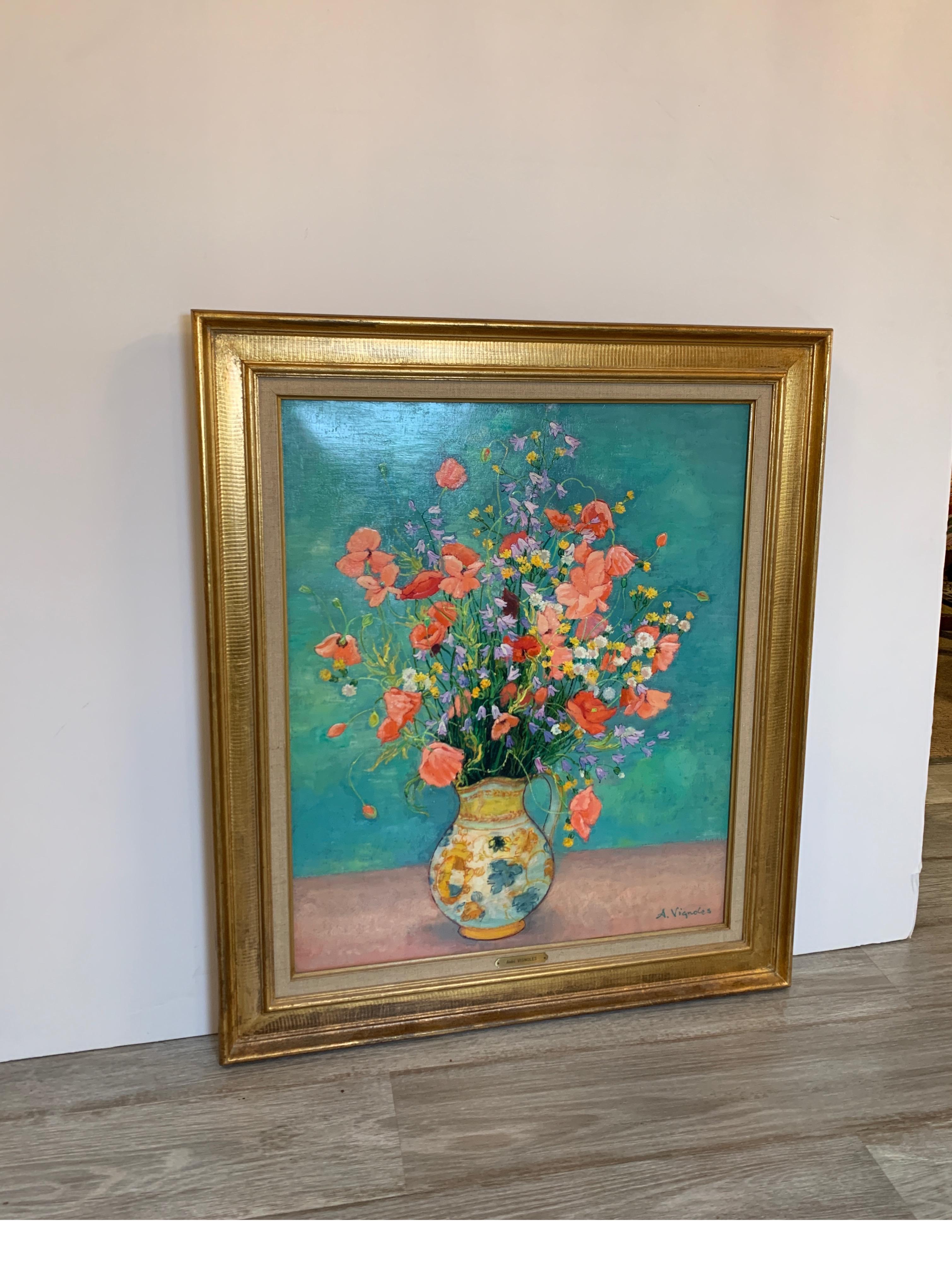 Andre Vignoles Floral Still Life Oil Painting on Canvas In Excellent Condition In Lambertville, NJ