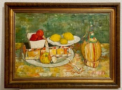 French Oil Painting Andre Vignoles Farm Kitchen, Wine Flask, Fruits, Vegetables
