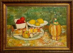 French Oil Painting Andre Vignoles Farm Kitchen, Wine Flask, Fruits, Vegetables