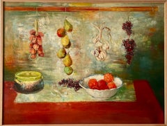 Grande peinture à l'huile française d'André Vignoles : Intérieur de cuisine avec fruits et légumes