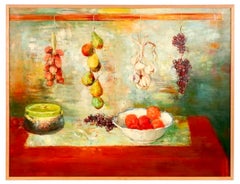 Grande peinture à l'huile française d'André Vignoles : Intérieur de cuisine avec fruits et légumes