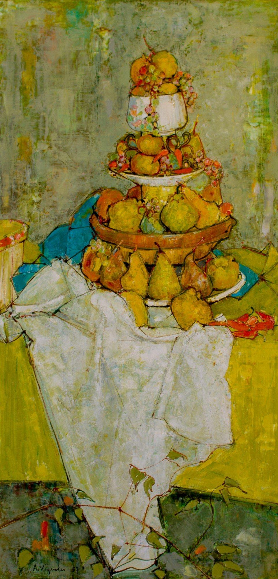 Poires et poivrières, vibrante peinture de nature morte du XXe siècle - Painting de Andre Vignoles