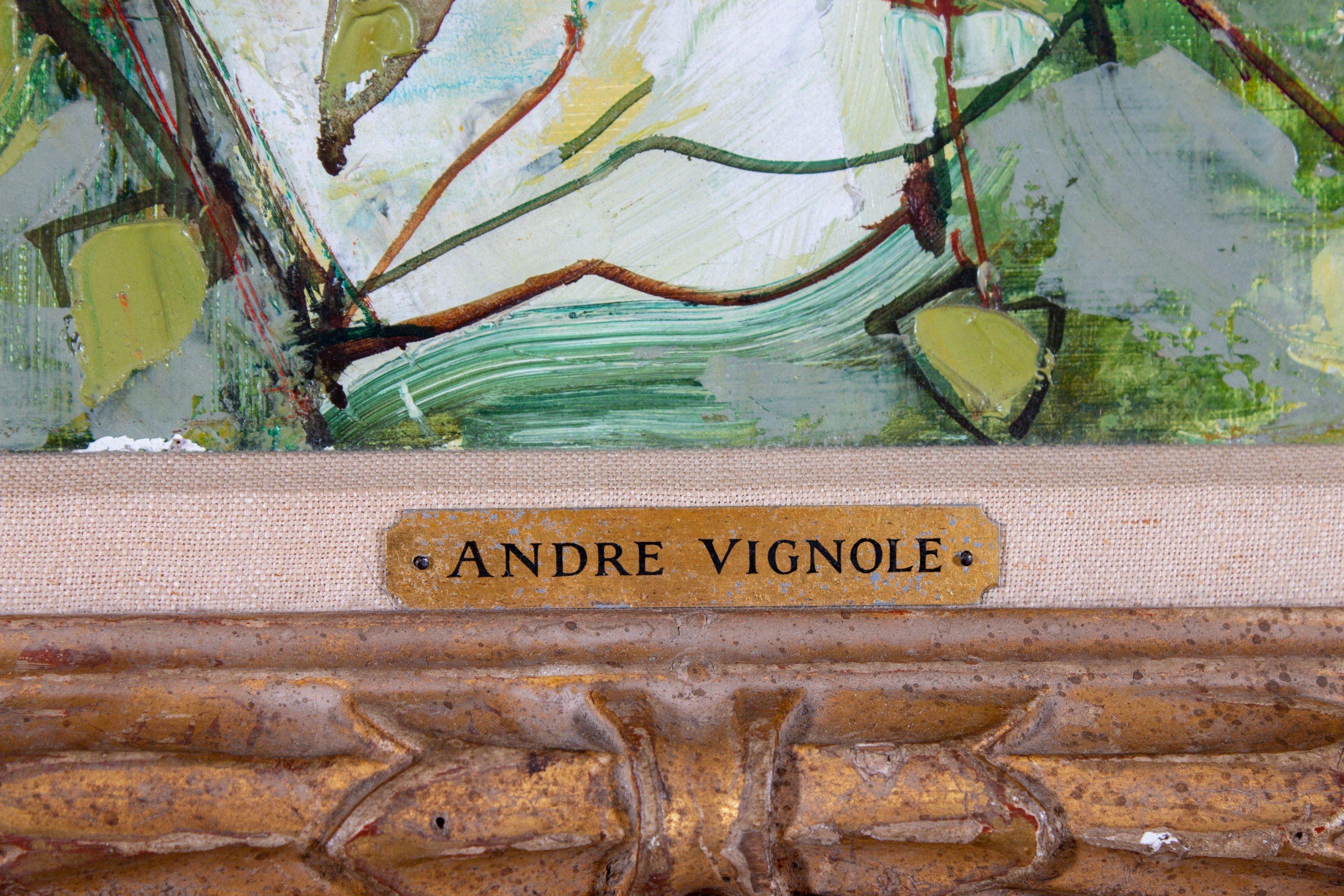 André Vignoles (français, 1920-2017)
Poires et poivrons, 1957
Huile sur toile
Signé et daté en bas à gauche
48 in. h. x 28 in. l., tel qu'encadré
39 in. h. x 19 in. l., toile

André Vignoles est né dans le sud-ouest de la France le 5 août 1920. Il a