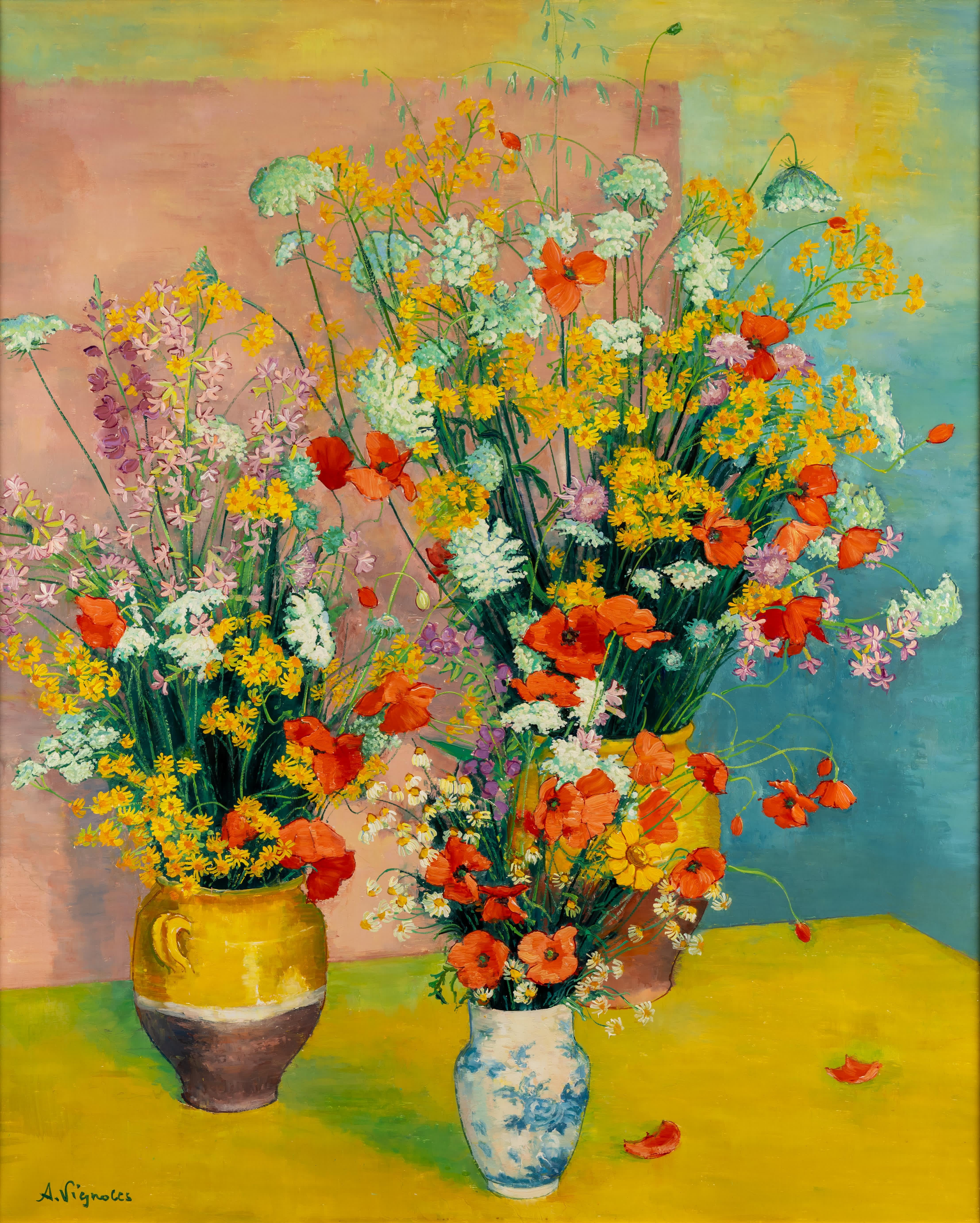 Natura morta di tre vasi pieni di fiori - Painting di Andre Vignoles