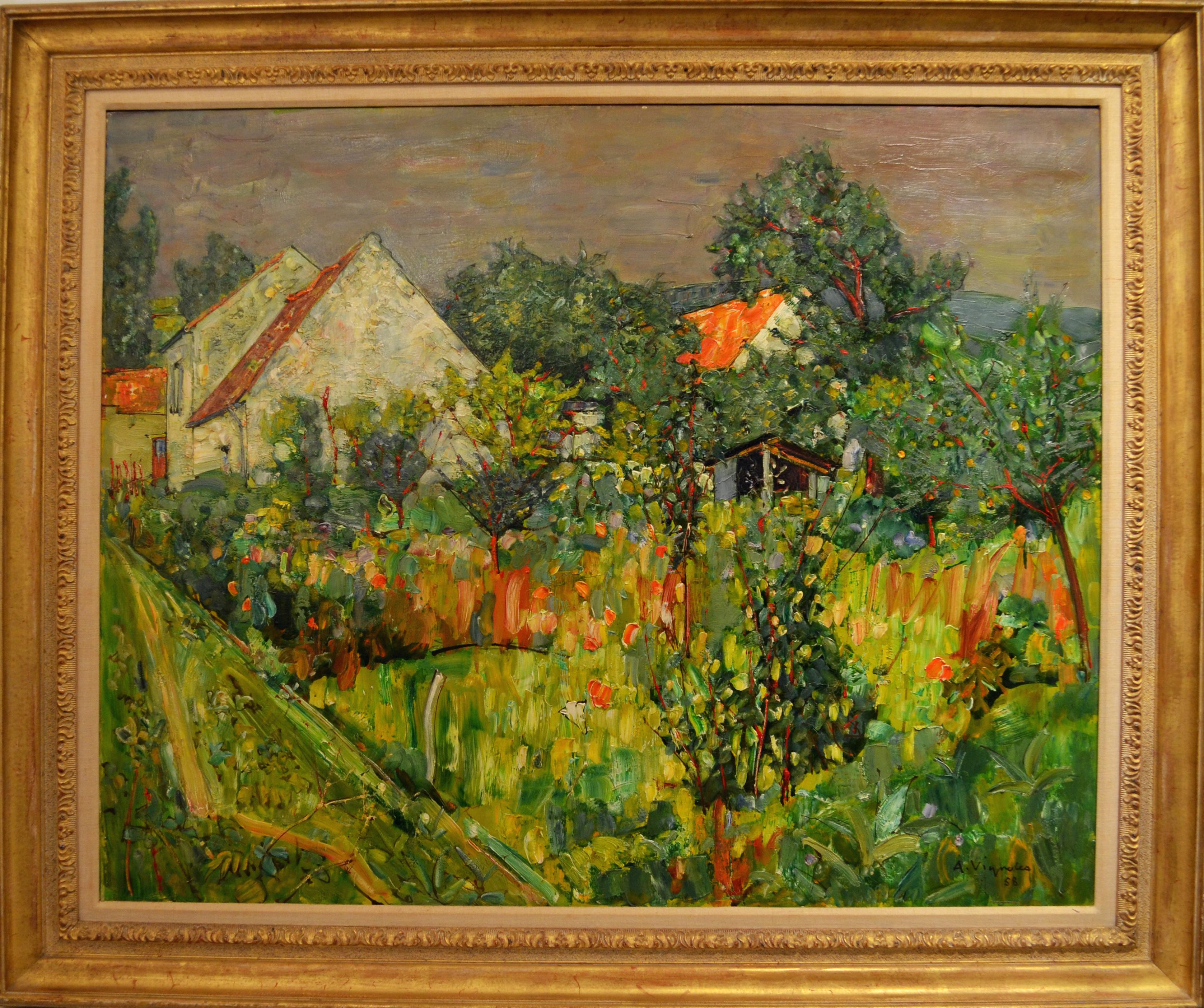 Andre Vignoles Landscape Painting - Vignoles, 1958 "House with Garden Behind a Fence" Oil/Canvas 32x39 Inches