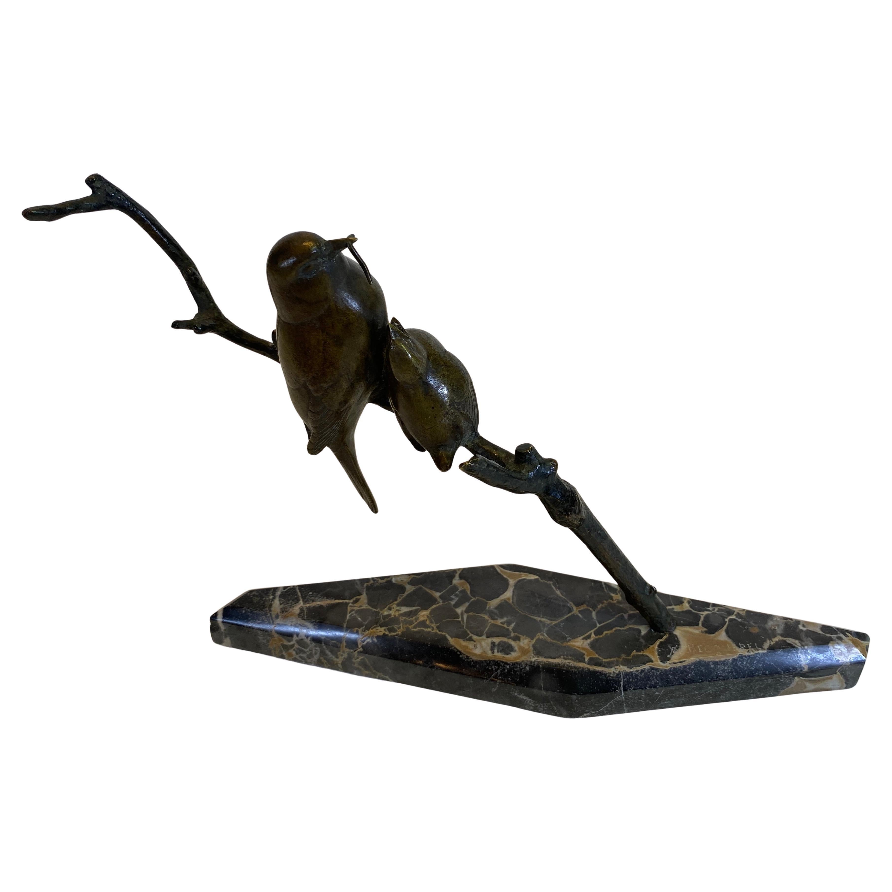 André Vincent Becquerel Art Deco Bronze Bird Sculpture on Portoro Marble Base