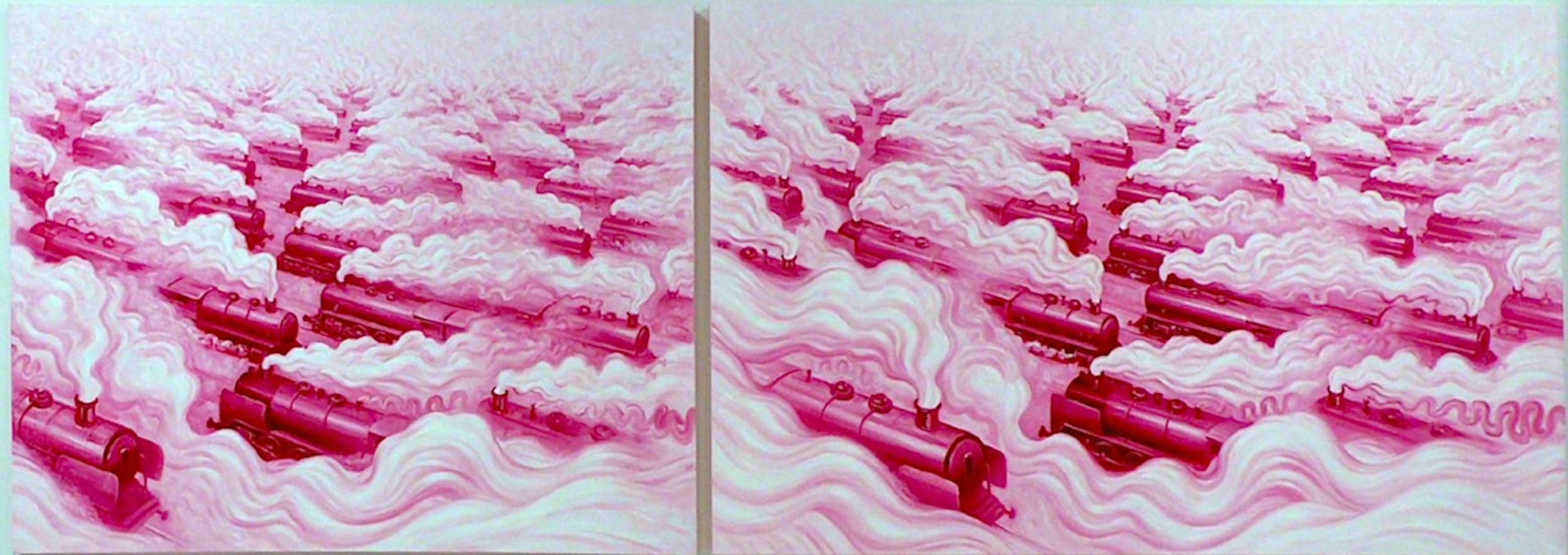 
This work is comprised of Two Paintings on canvas (diptych). 

The project Pink Freud and the Pleasant Horizon stems from Andre von Morisse’s interest in the powerful influence of Freud, Darwin, and Christ on ideas about psychological, scientific