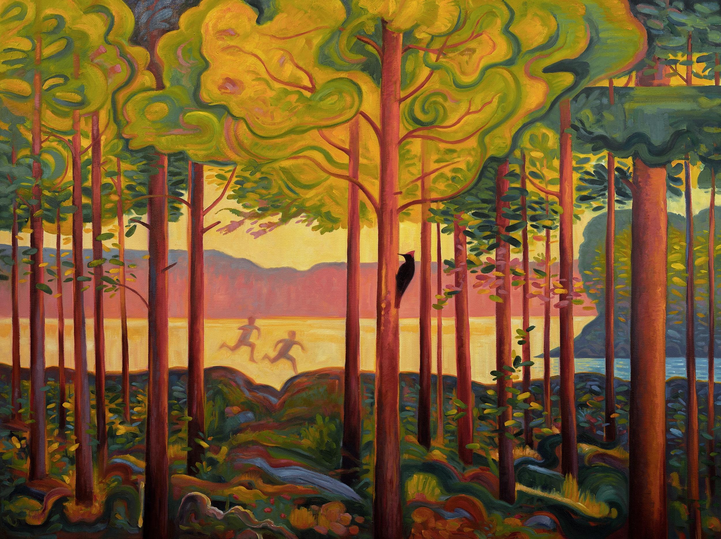 La magia de la infancia, 2024 Colores otoñales, estilo fauvista de Munch, bosque, lago - Painting Fauvista de ANDRE VON MORISSE