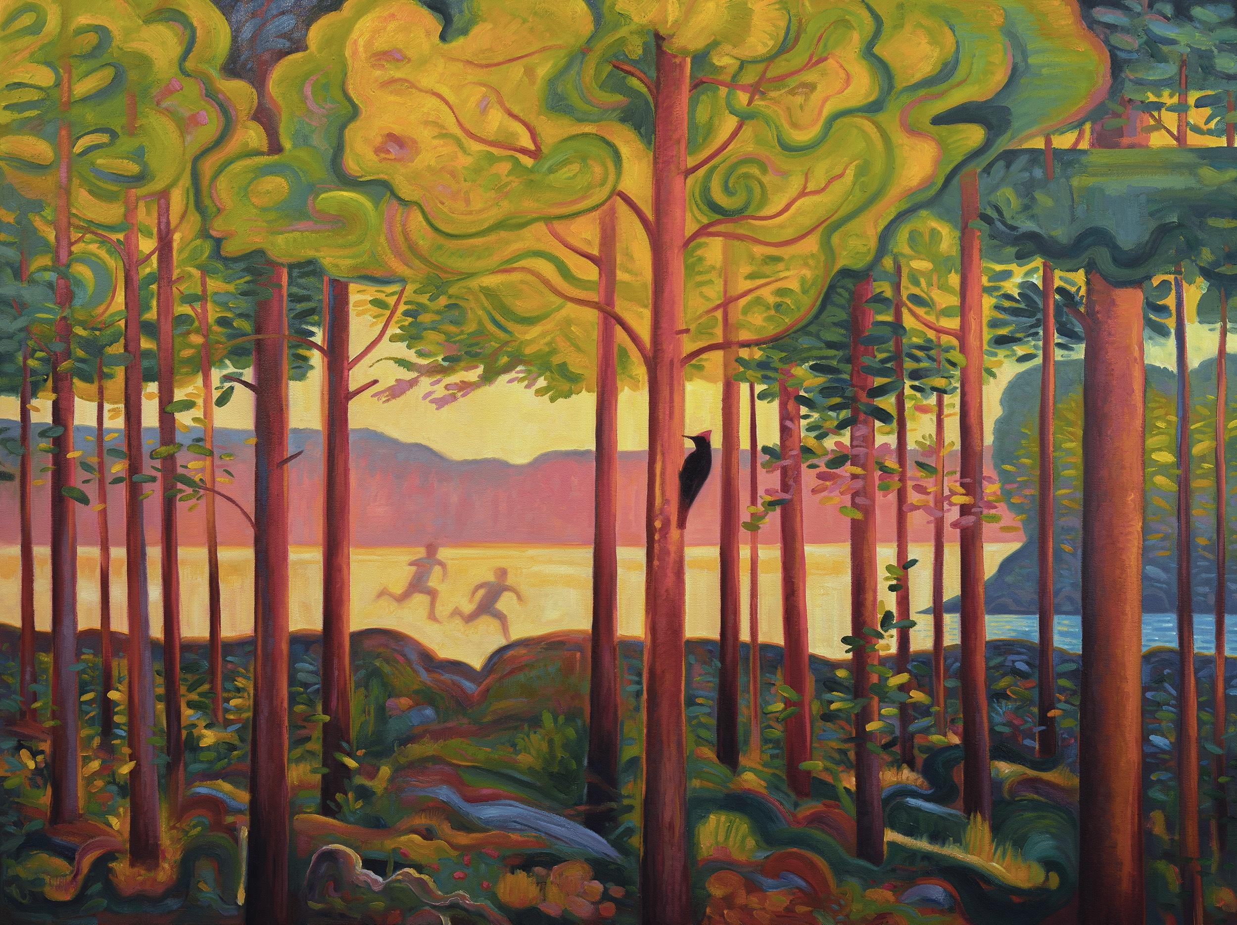 La magia de la infancia, 2024 Colores otoñales, estilo fauvista de Munch, bosque, lago