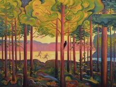 La magia de la infancia, 2024 Colores otoñales, estilo fauvista de Munch, bosque, lago