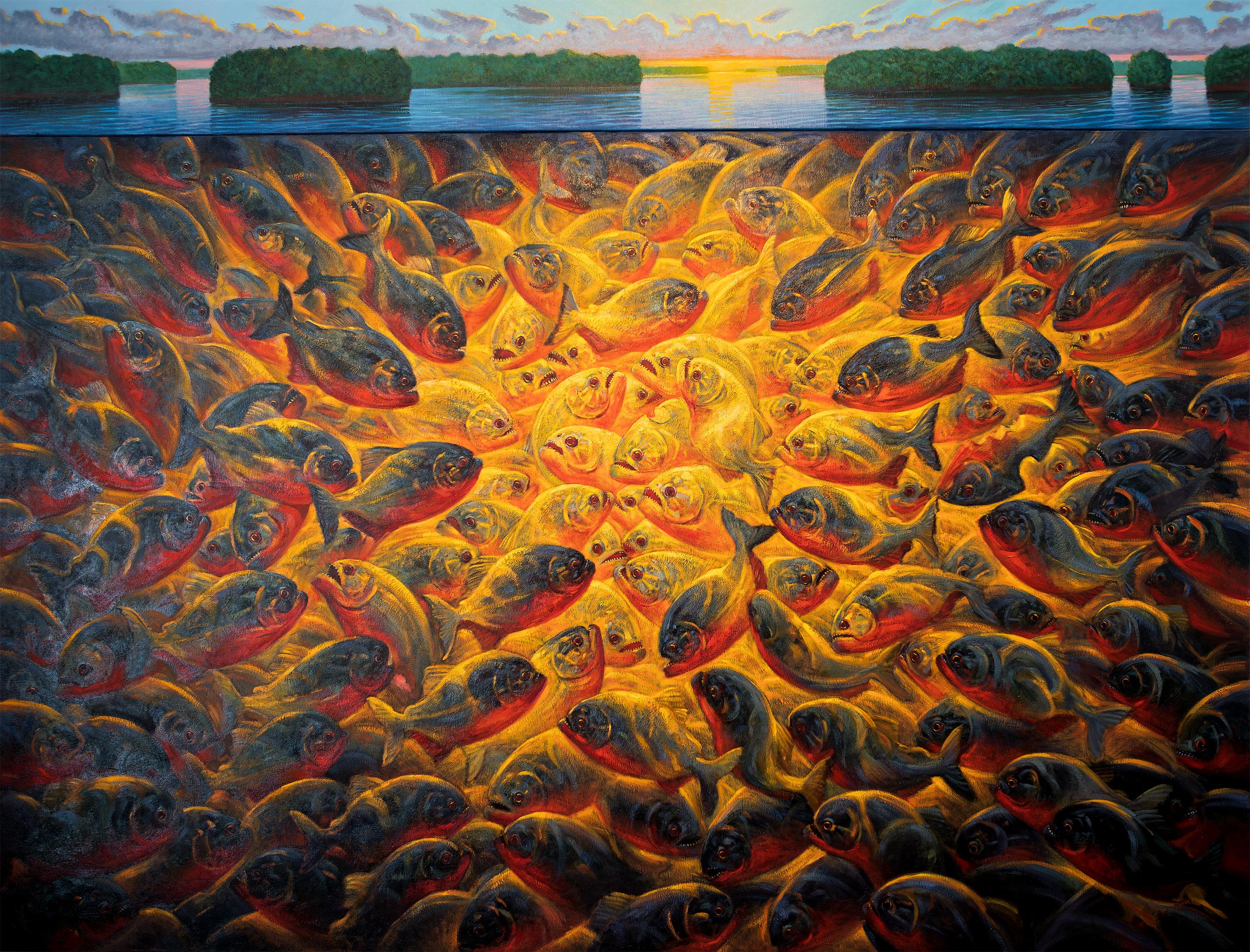 Explosion, Implosion (Piranhas dans le fleuve Amazone) (WildLife Art Animal) - Painting de ANDRE VON MORISSE