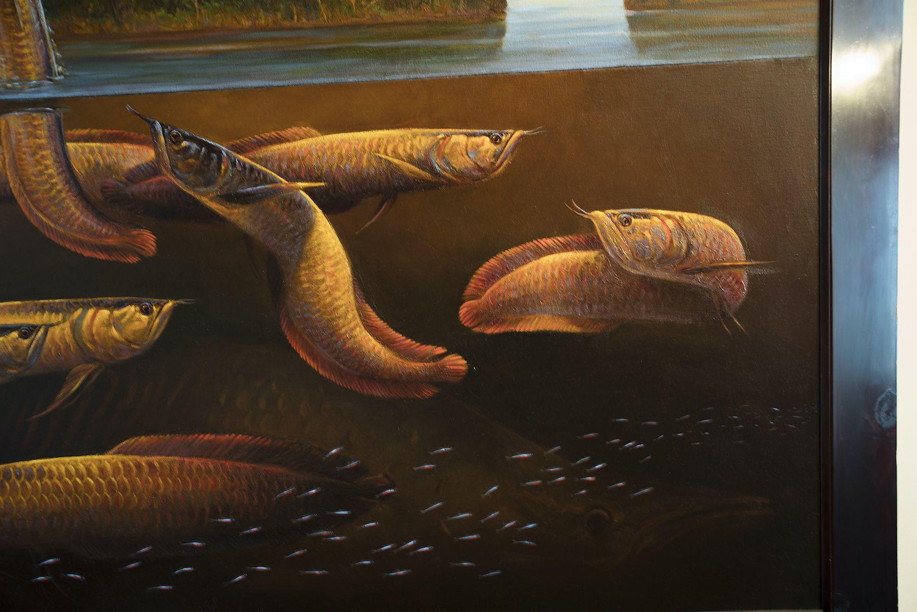 Launch - Amazonian Arowana (large oil on canvas Natural World Big Fish Arowana ) - Naturalistic Painting by ANDRE VON MORISSE