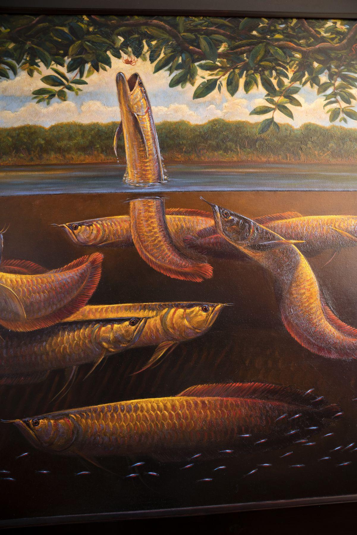 Launch - Amazonian Arowana (large oil on canvas Natural World Big Fish Arowana ) - Black Landscape Painting by ANDRE VON MORISSE