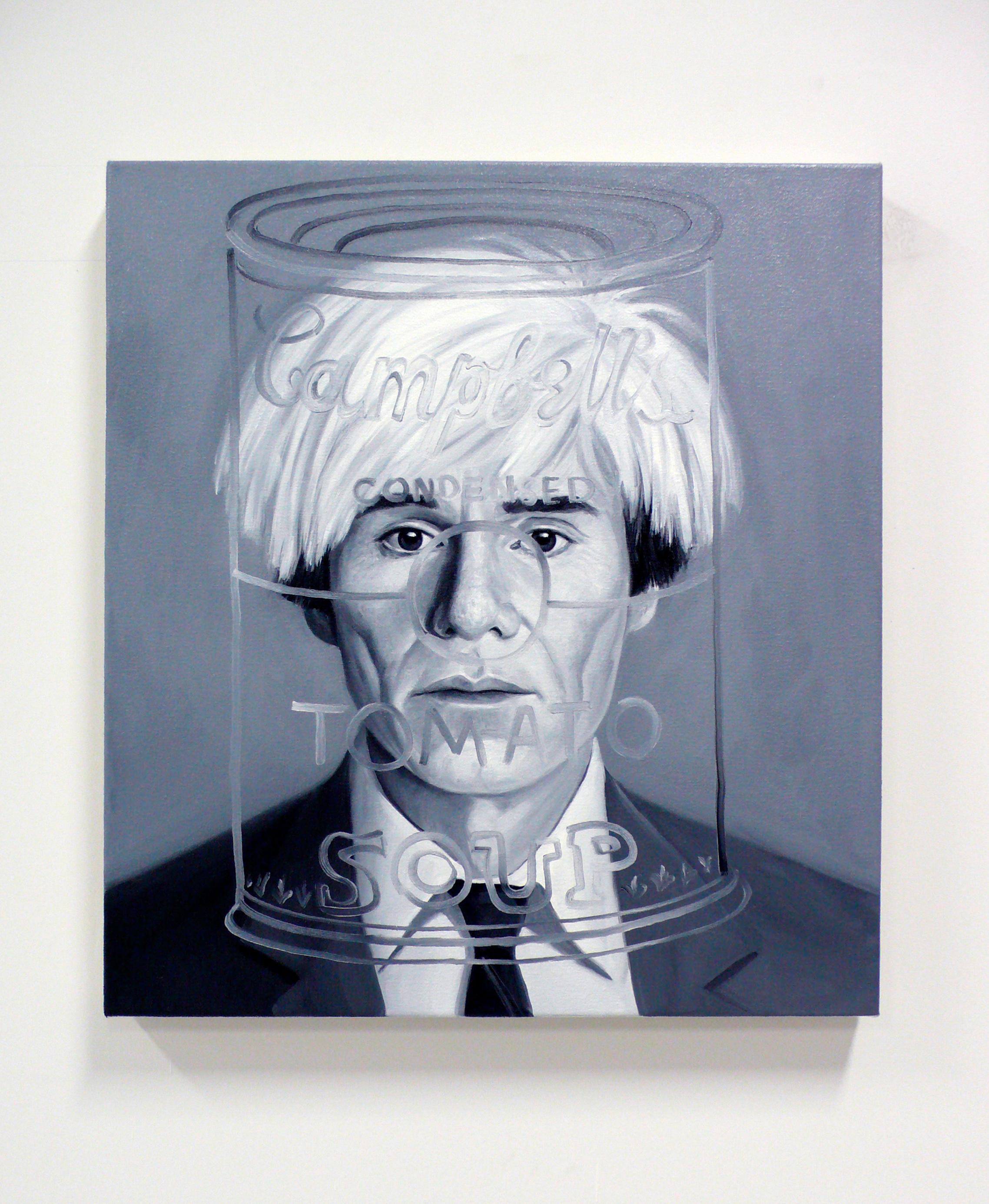 Meeting Andy Warhol,  B&W oil on canvas, B& W portrait, grisaille painting - Gray Portrait Painting by ANDRE VON MORISSE
