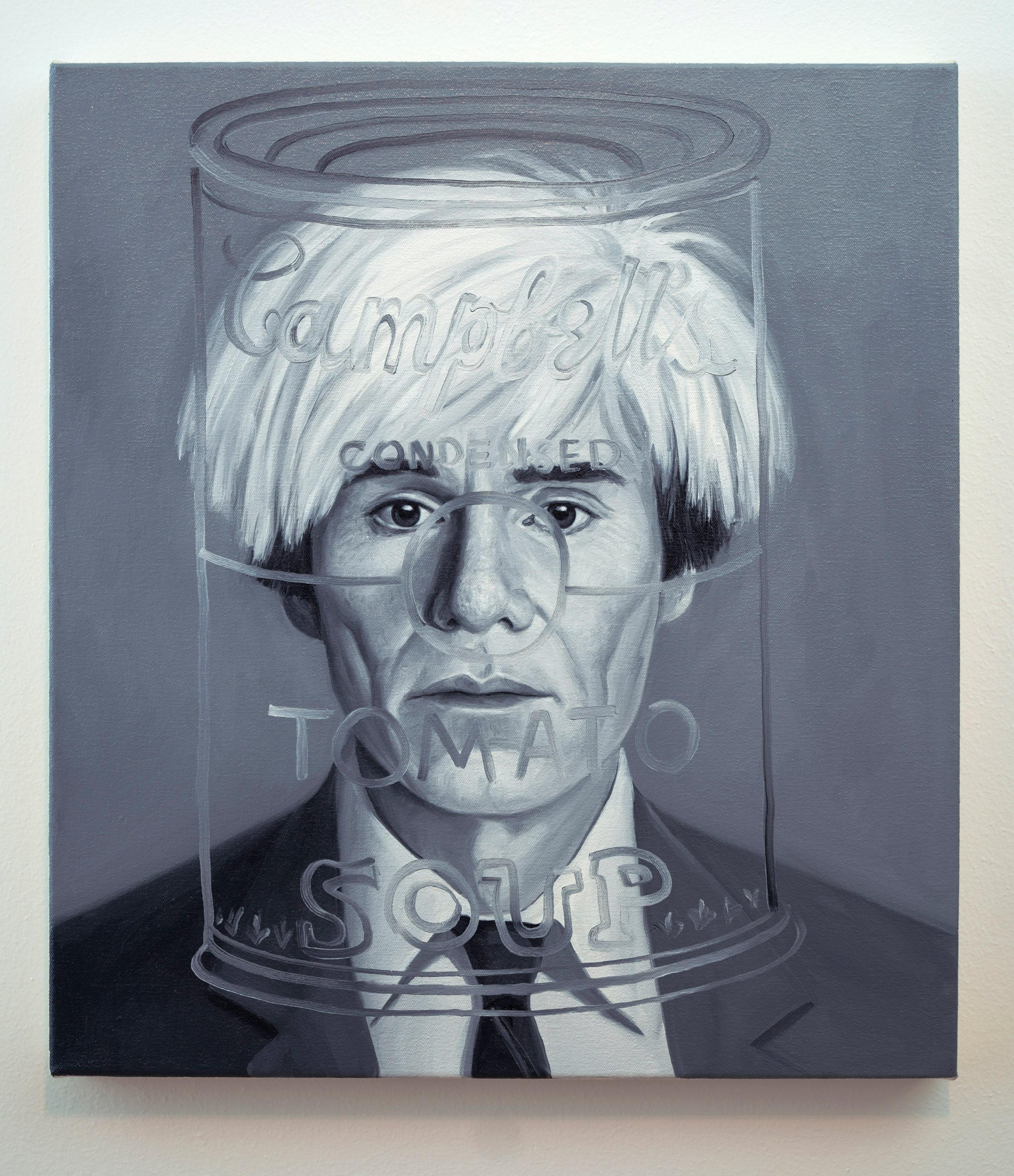 ANDRE VON MORISSE Portrait Painting - Meeting Andy Warhol,  oil on canvas portrait, grisaille painting black and white