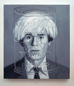 Meeting Andy Warhol,  oil on canvas portrait, grisaille painting black and white