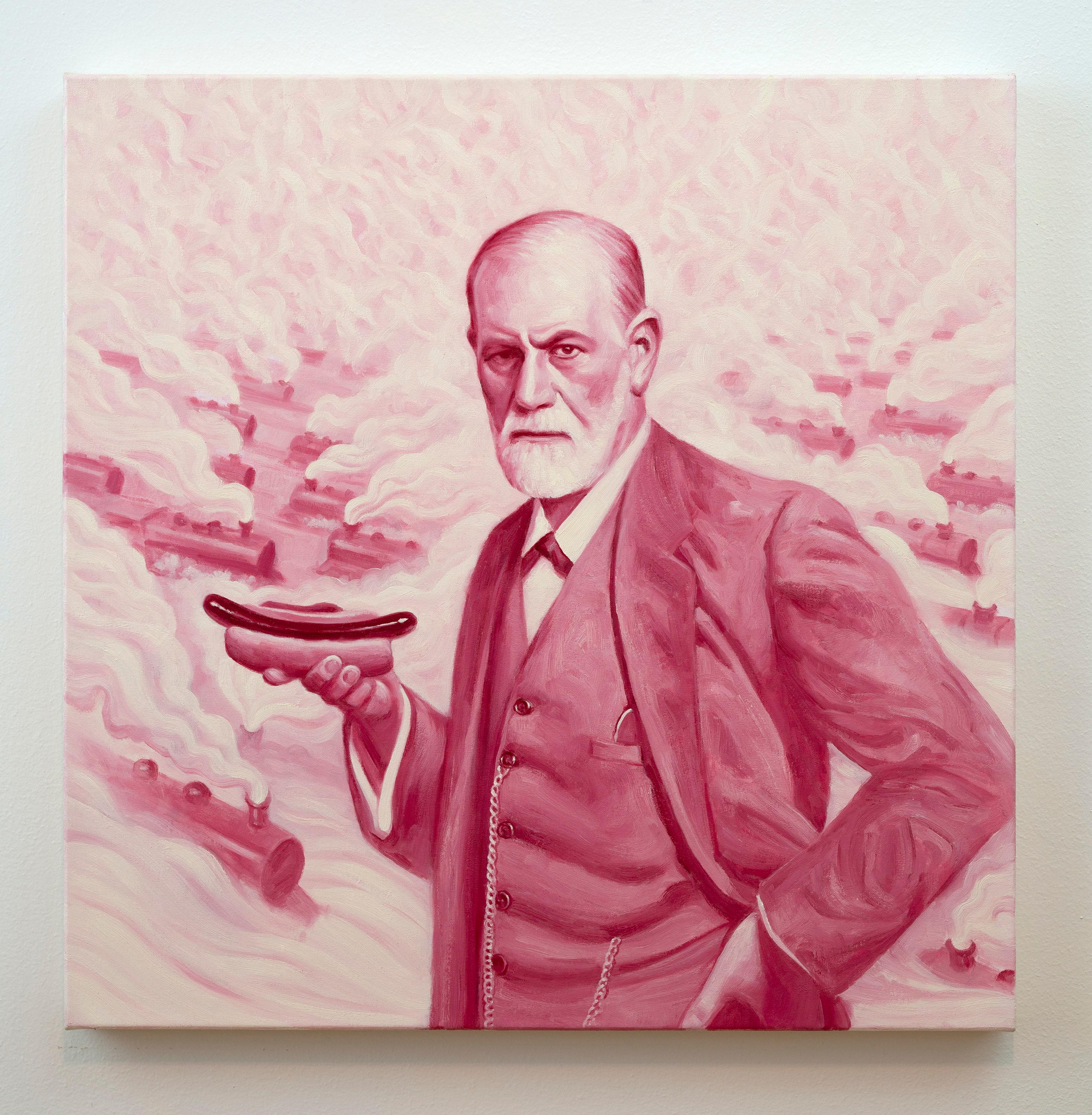 ANDRE VON MORISSE Figurative Painting - Pink Freud with Train  (Pink Freud & The Pleasant Horizon) Pop Art Pink & White 