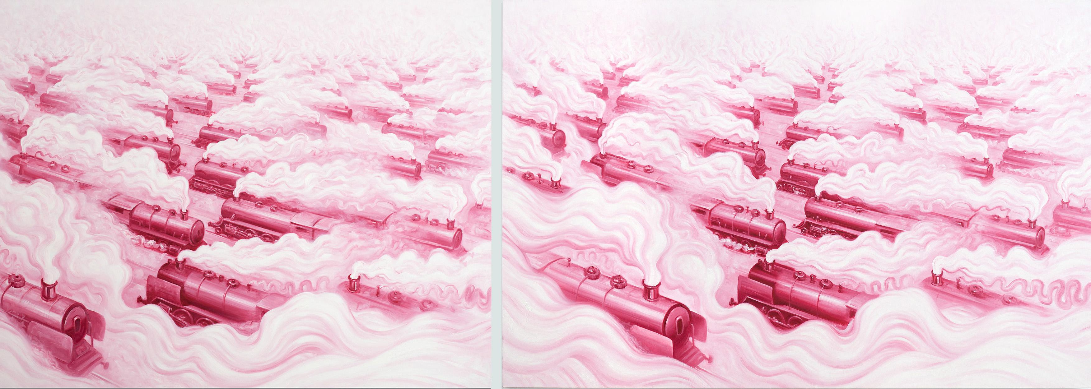 ANDRE VON MORISSE Landscape Painting - Pink Freud's Dream (Pink Freud and the Pleasant Horizon) (diptych in 2 panels)