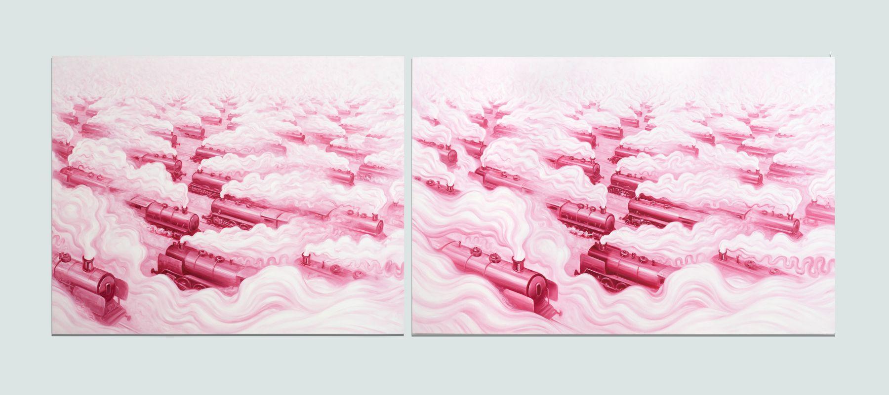 ANDRE VON MORISSE Landscape Painting - Pink Freud's Dream (Pink Freud and the Pleasant Horizon) Pink Colors Pop Art 