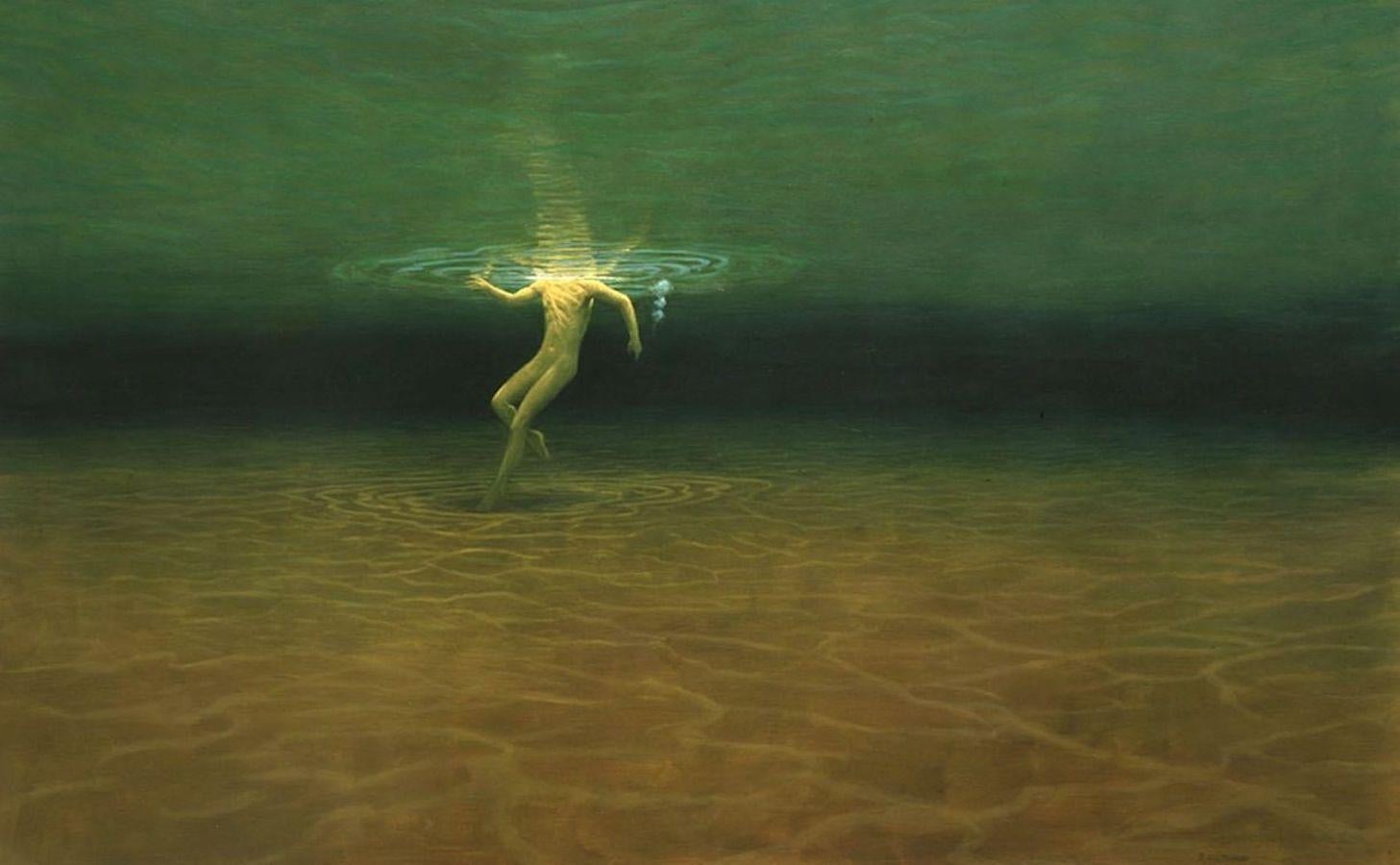 Swimmer Below (Man swimming in a green lake colors: green brown) - Painting by ANDRE VON MORISSE