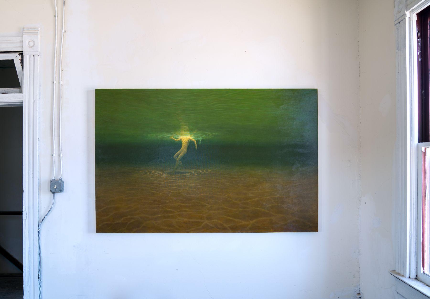 Nuotatore in basso (Uomo che nuota in un lago verde colori: verde marrone) - Painting Naturalismo di ANDRE VON MORISSE