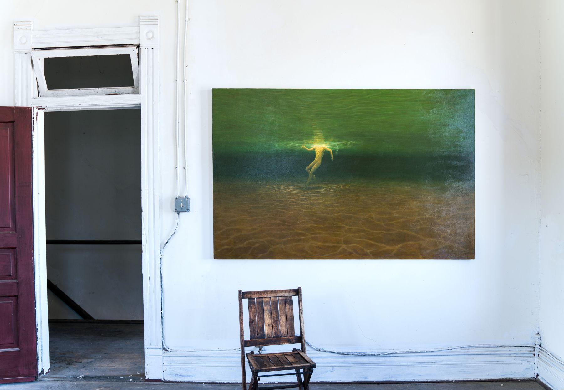 Swimmer Below (Man swimming in a green lake colors: green brown) - Naturalistic Painting by ANDRE VON MORISSE