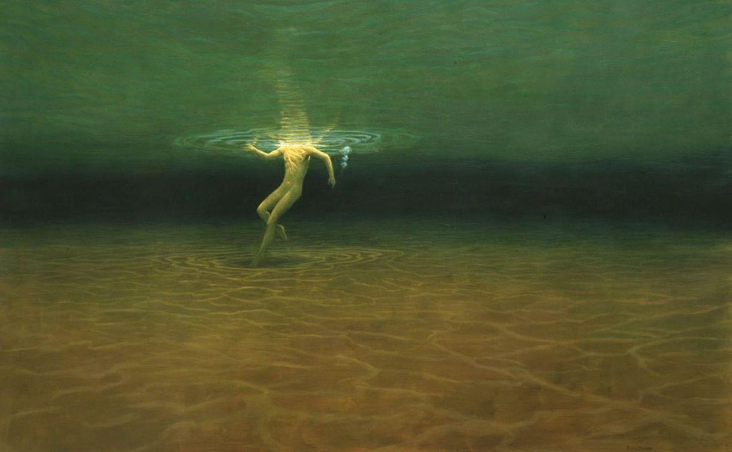 Landscape Painting ANDRE VON MORISSE - Swimmer Below (Un homme nageant dans un lac vert : brun vert)