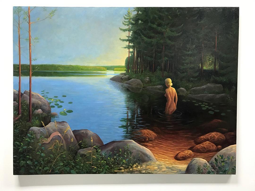ANDRE VON MORISSE Landscape Painting – Frau im See (Traditionelles Ölgemälde auf Leinwand, Akt in einem norwegischen See)