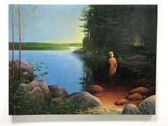 Woman in lake (Traditional Oil on canvas Nude in a Norwegian Lake)