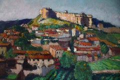 Grand paysage de Provence, village postimpressionniste perché au sommet d'une colline avec un château