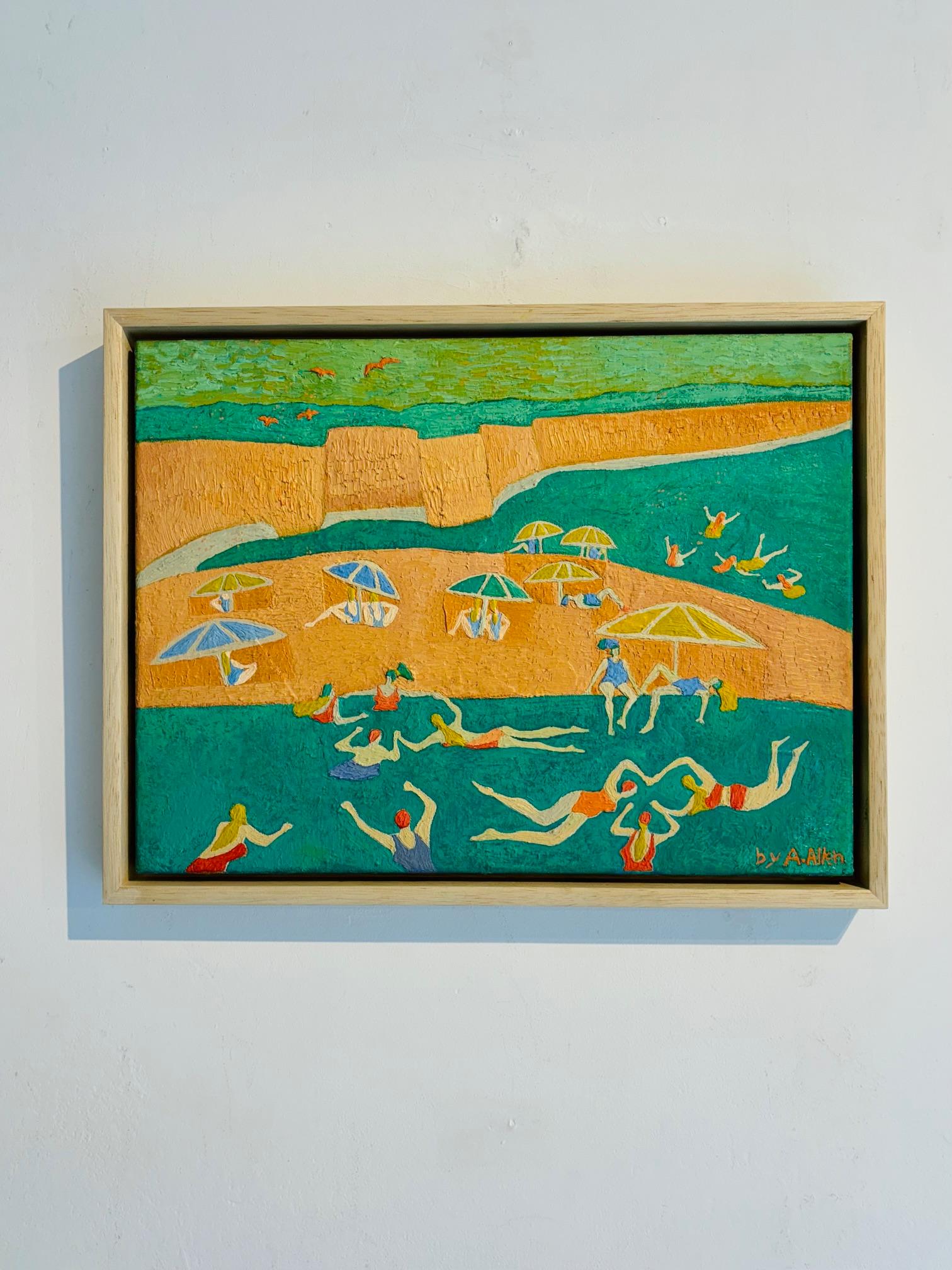 Brollies and Dollies - Original-Landschaftskunstwerk - Zeitgenössische Ölmalerei (Blau), Landscape Painting, von Andrea Allen