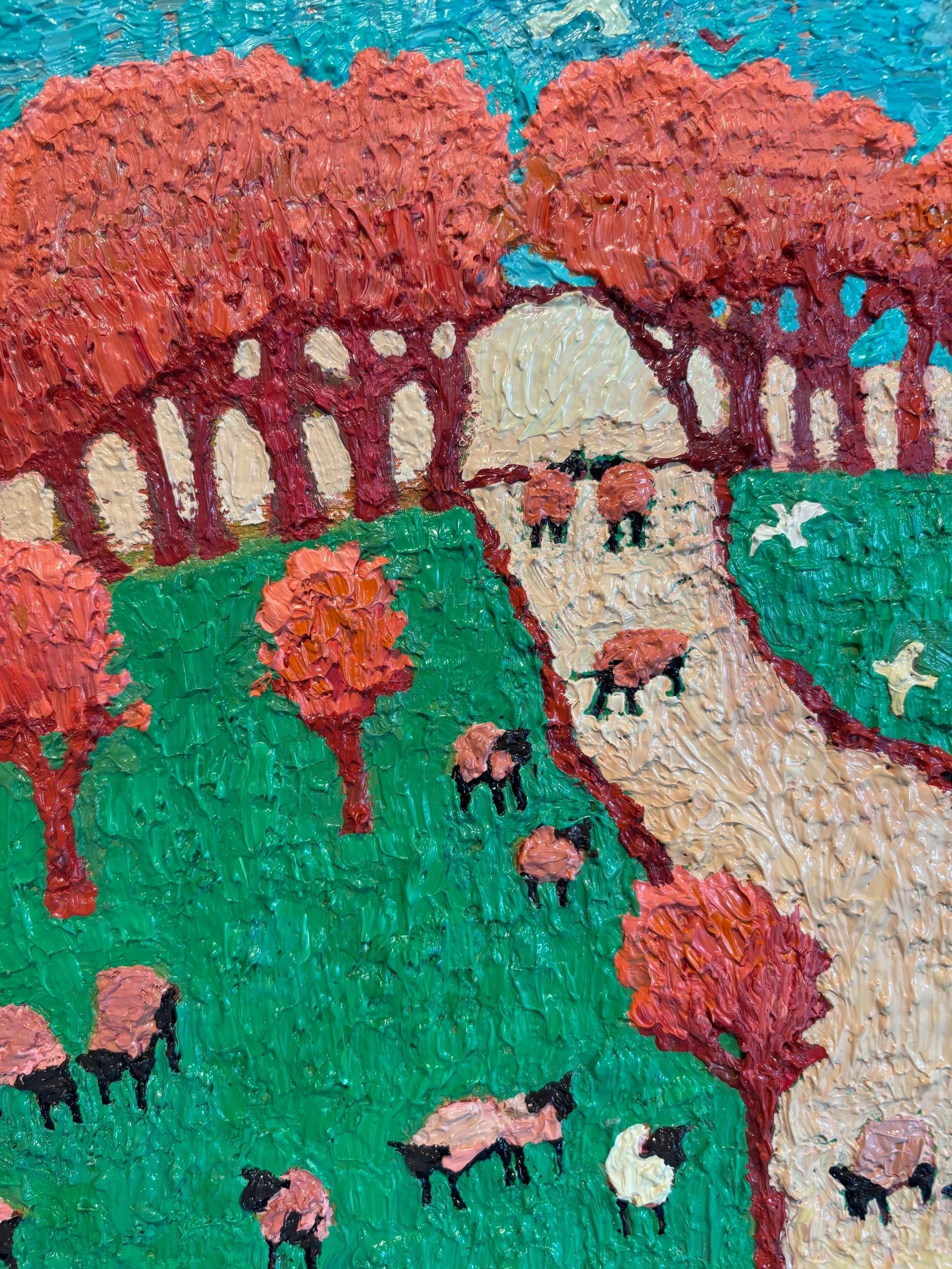 This exceptional artwork is currently on display and available for sale at Signet Contemporary Art Gallery and online.

With Counting Sheep, Andrea Allen delivers a pastoral dreamscape where rolling hills and woolly figures blend in a symphony of