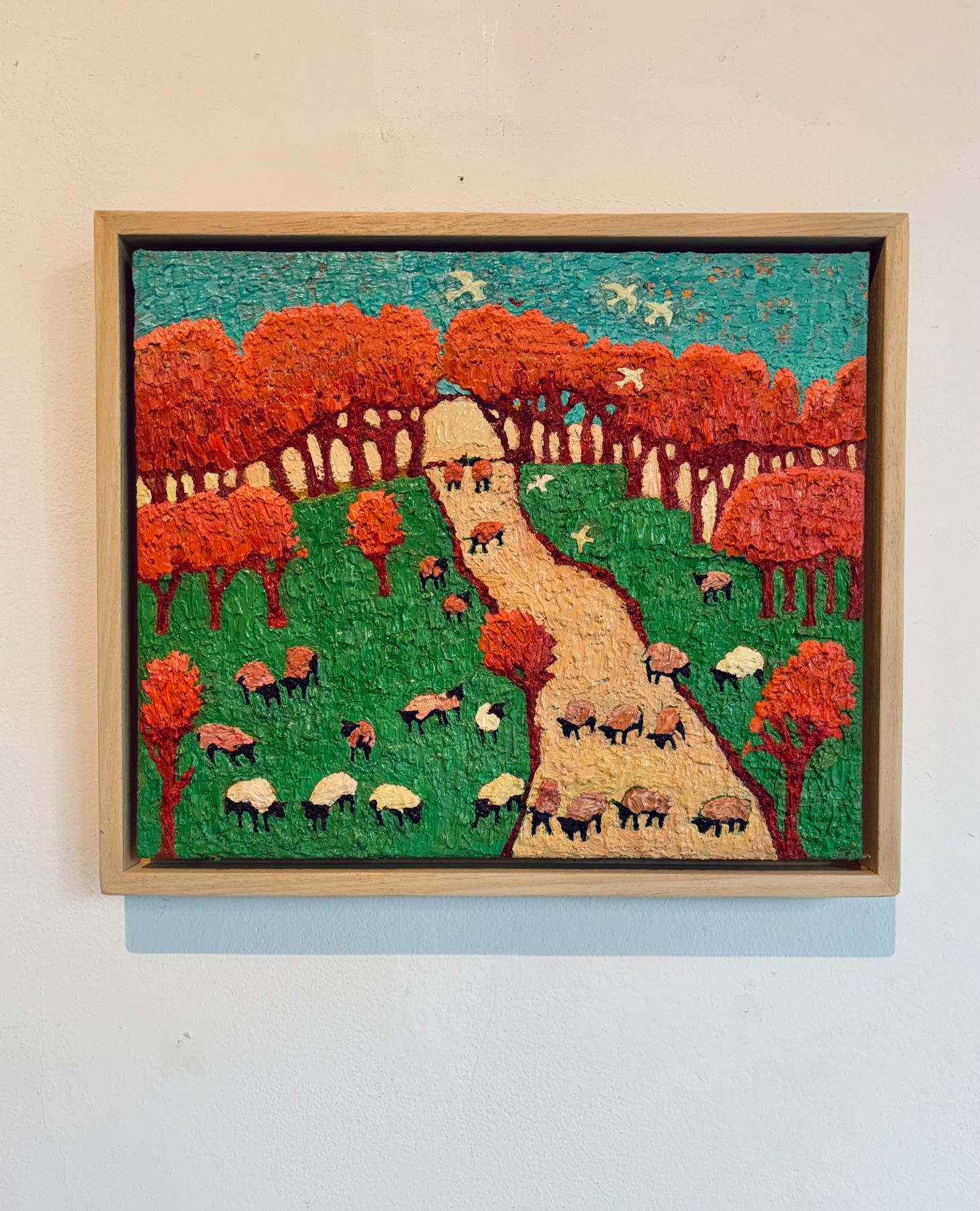 Counting Sheep-original impressionist landscape art-contemporary oil painting en venta 1