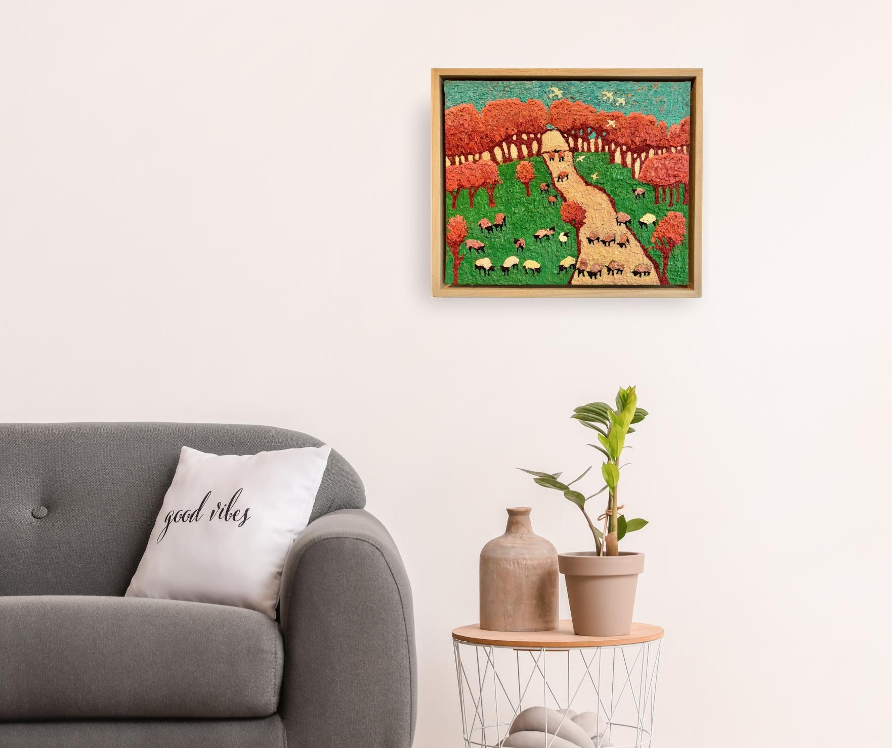 Counting Sheep-original impressionist landscape art-contemporary oil painting en venta 2
