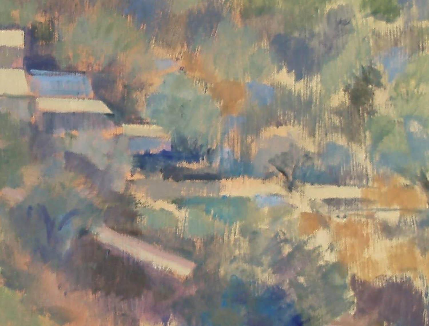 Village grec - Gris Still-Life Painting par Andrea Bates
