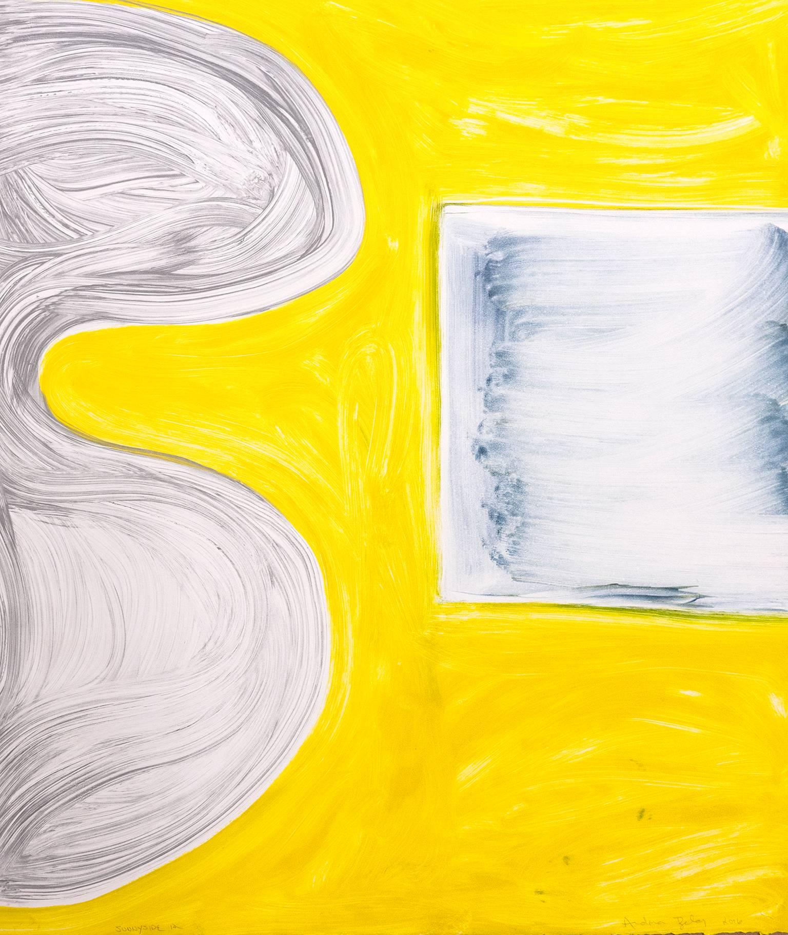 Andrea Belag Abstract Print - "Sunnyside Yards 12", abstract gestural monoprint, brilliant yellow, cool gray.