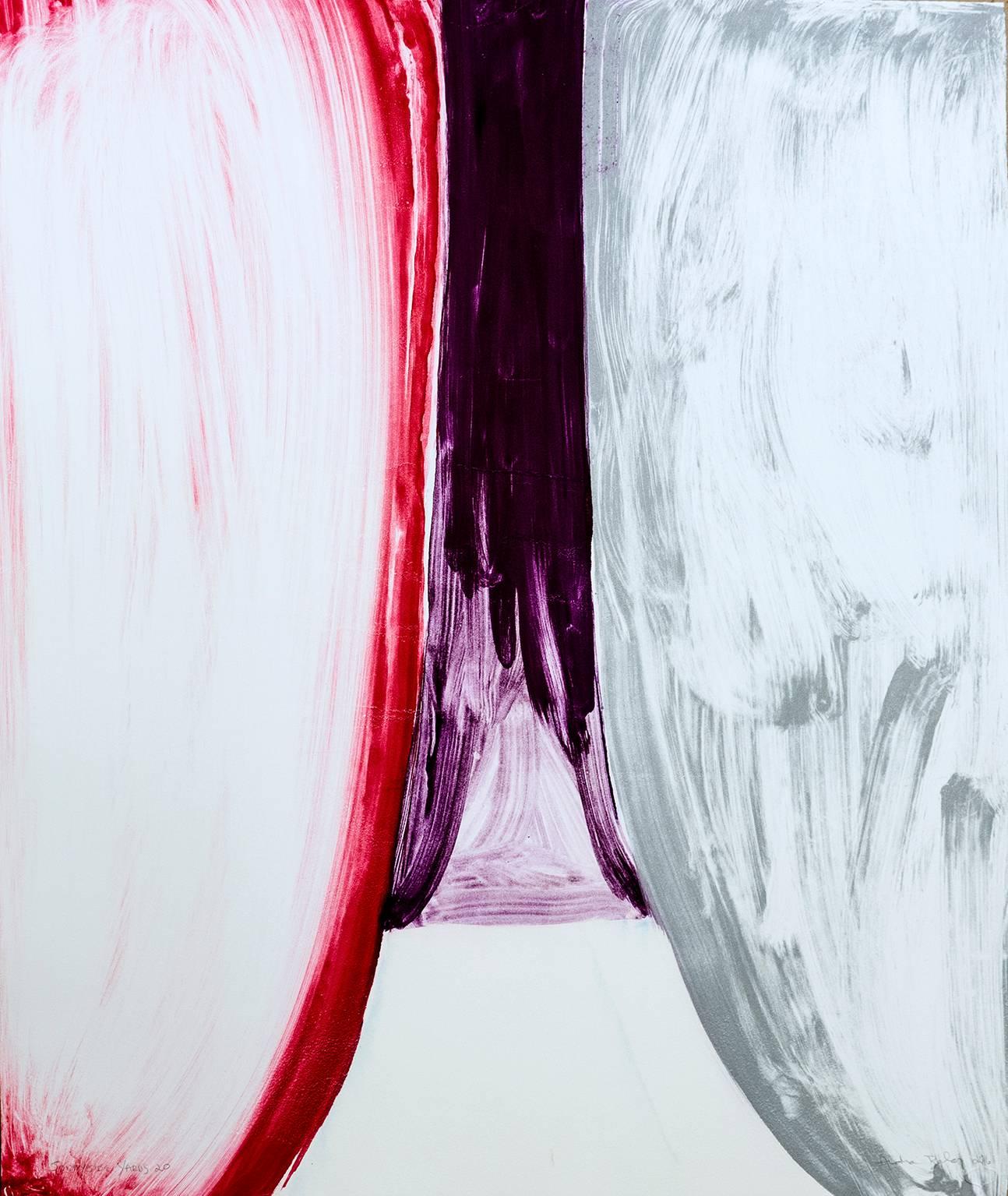 Andrea Belag Abstract Print - Sunnyside Yards 20, abstract gestural monotype, red, grey, violet.