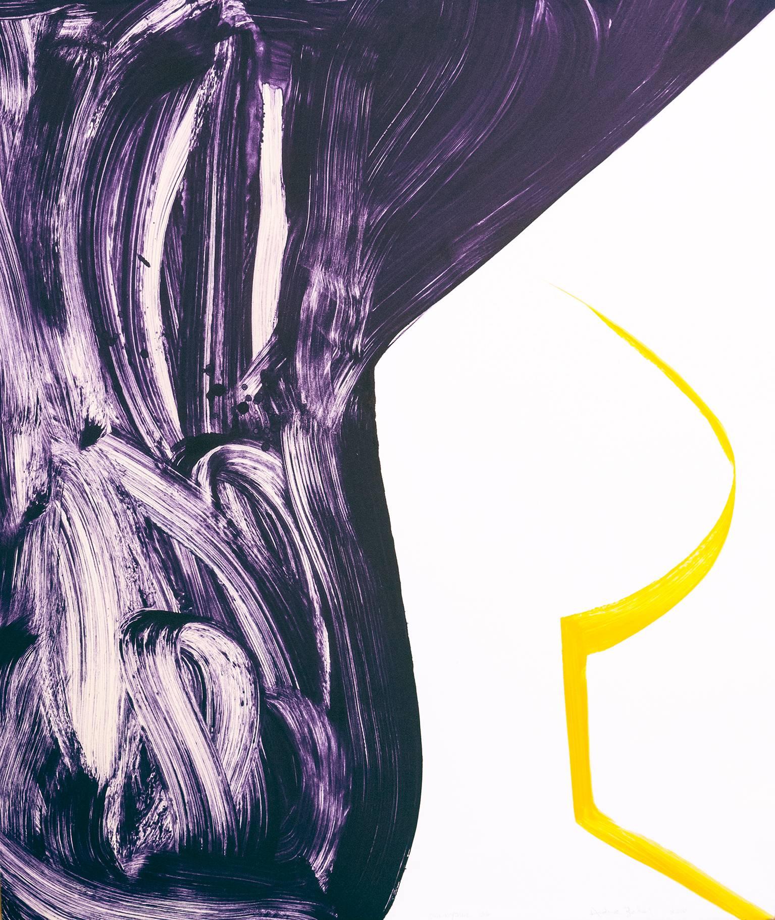 Andrea Belag Abstract Print - "Sunnyside Yards 26",  large abstract gestural monoprint, deep violet, yellow.
