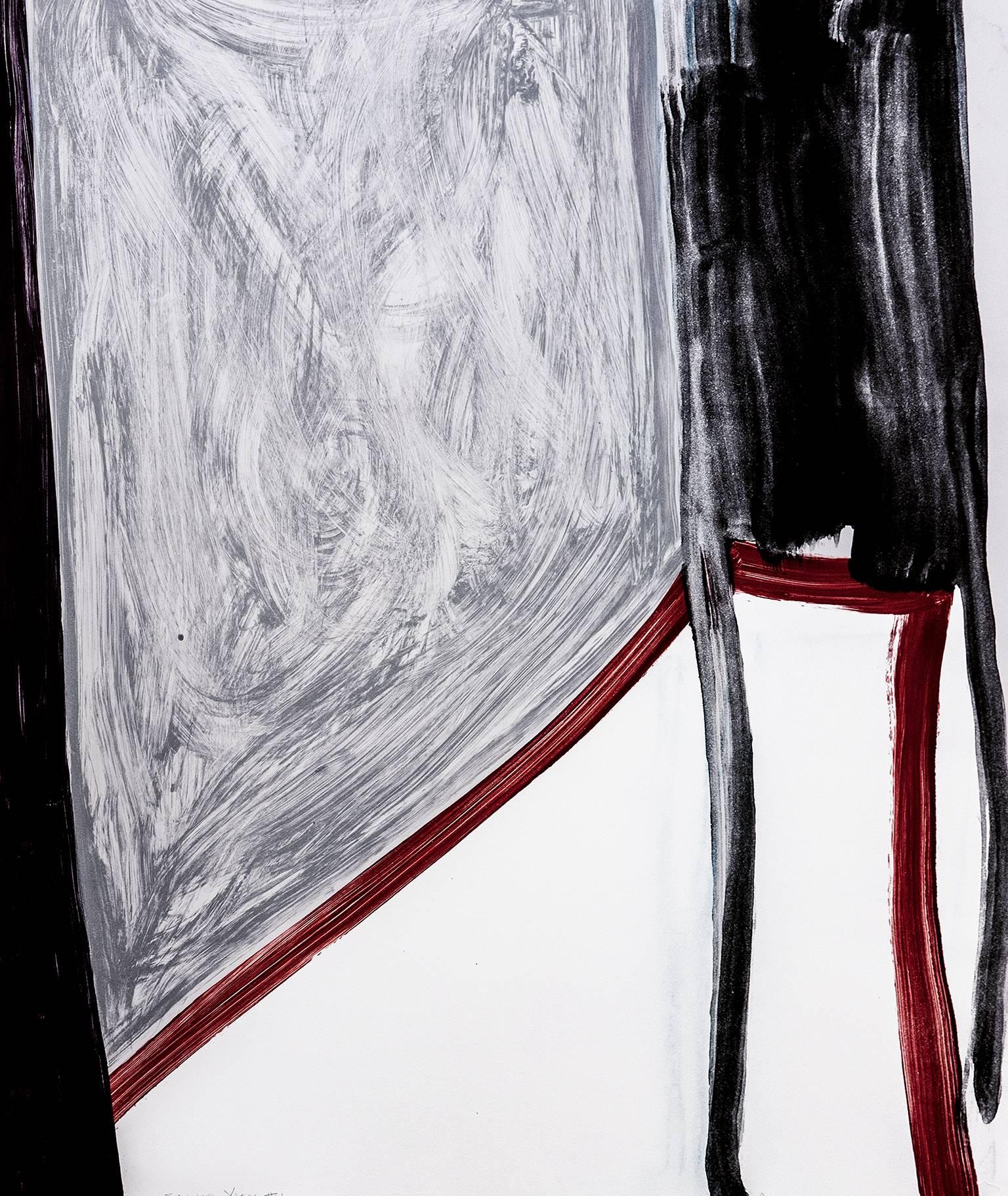 Andrea Belag Abstract Print – "Sunnyside Yards 6", abstract gestural monotype,  deep red, cool gray, black.