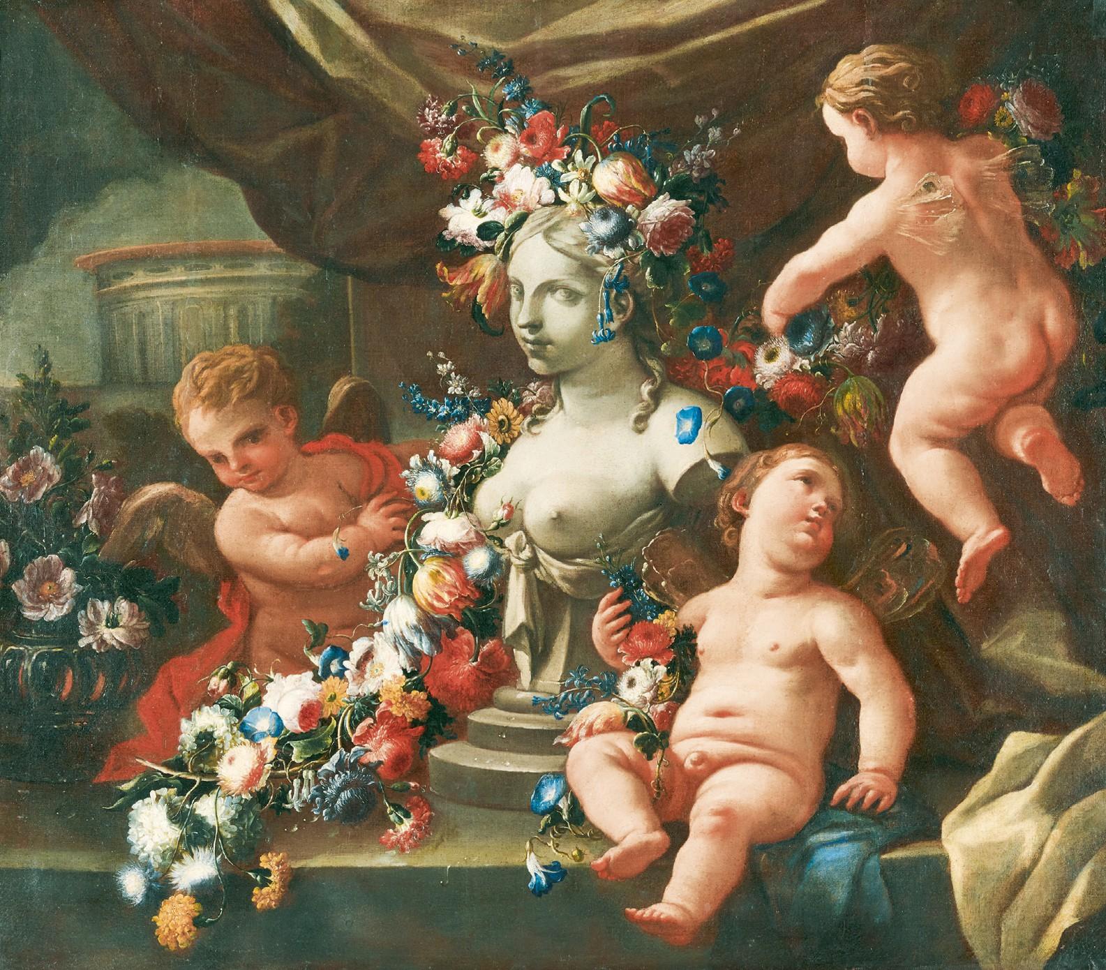 Oil painting on canvas by Nicola Vaccaro (Napoli, 13 marzo 1640 – Napoli, 25 maggio 1709), for the figures, and Andrea Belvedere (Napoli, 1646-1652 – Napoli, 1732) for the still life, depicting Allegory of Sculpture.

 Important wooden frame carved