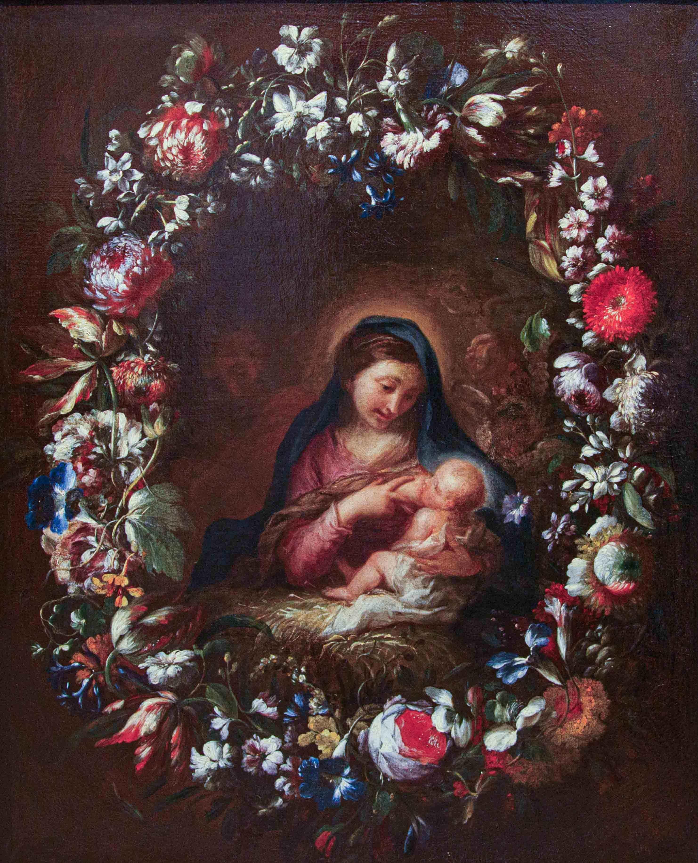 Flower garland with Holy Family canvas from the circle of Andrea Belvedere 8